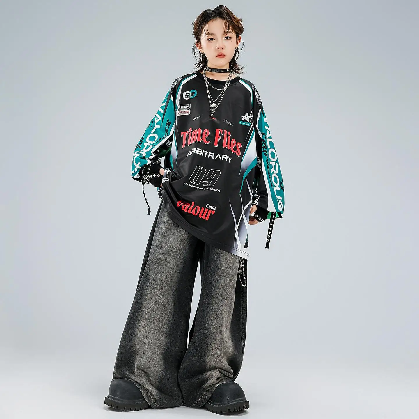 Kid Kpop Hip Hop Clothing Blue Print Sweatshirt Top Black Denim Spray White Jeans Baggy Pants for Girl Boy Street Dance Costume