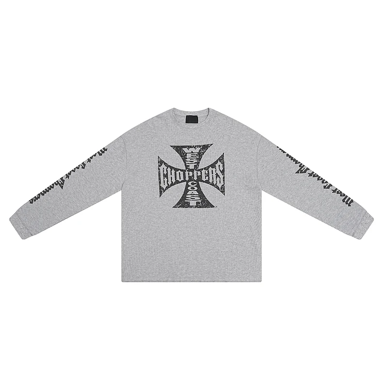 Vintage Iron Cross Print West Coast Choppers Long Sleeve Tops Men Women Street Same Style Y2K Waffle Fabric Sanskrit T-shirts