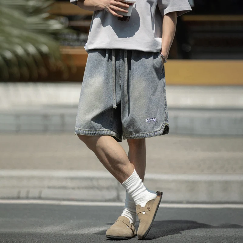 TFETTERS Men's Vintage Washed Denim Shorts Summer Casual Streetwear Loose Fit Embroidered Split Hem Mid-Length Cargo Shorts