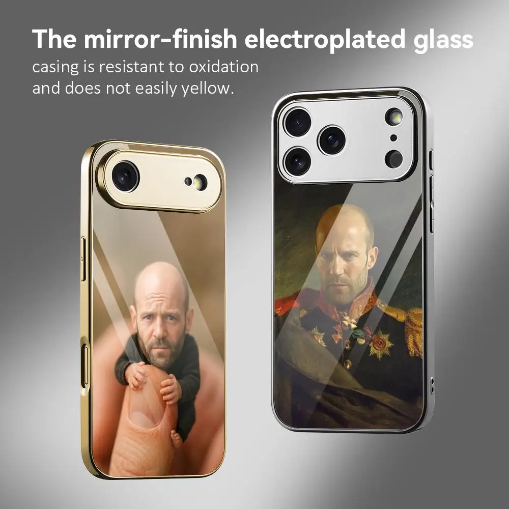 J-Jason Statham Funny Actor Phone Case For IPhone 17 16 15 14 13 12 Pro Max Plus Electroplated Metal Bumper Case Tempered Glass