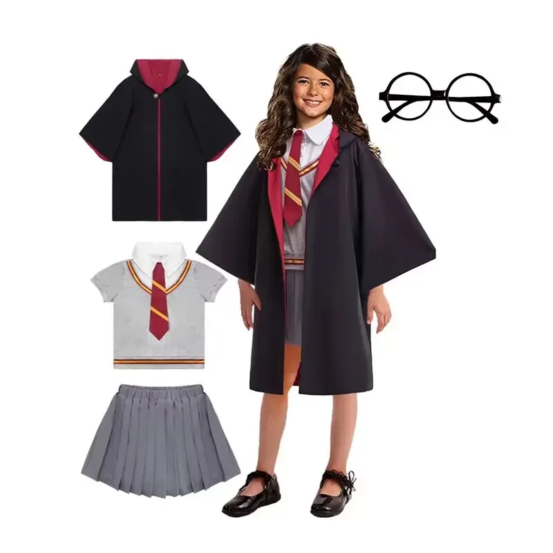 4PCS Kids Wizard Cosplay Costume Set Magic School Clothing Girls Striped Tie Top+Skirt+Cloak For Halloween Themed Party Birthday