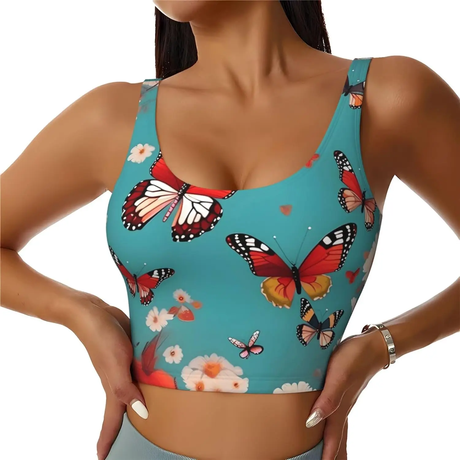 Women's Hen Flying Butterflies Among Flowers Print Sports Tank Top,Lightweight Yoga Vest with Removable Padding