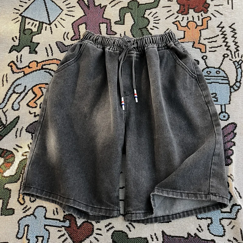 Men Summer Blue Denim Shorts New American High Street Solid Pockets Casual Loose Pants Fashion Versatile Drawstring Trousers