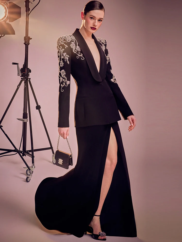 HIGH STREET Newest Fashion 2026 Women's Diamonds Rhinestone Beaded Blazer Mermaid Long Skirt