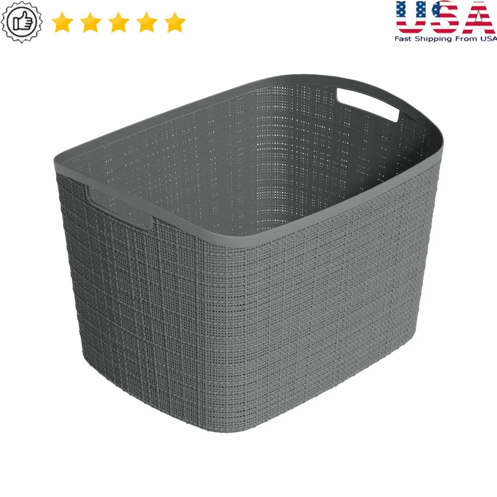 Extra Large Durable Resin Storage Basket Woven Jute Design Decorative Organizer with Handles Home Office Bedroom Living Room