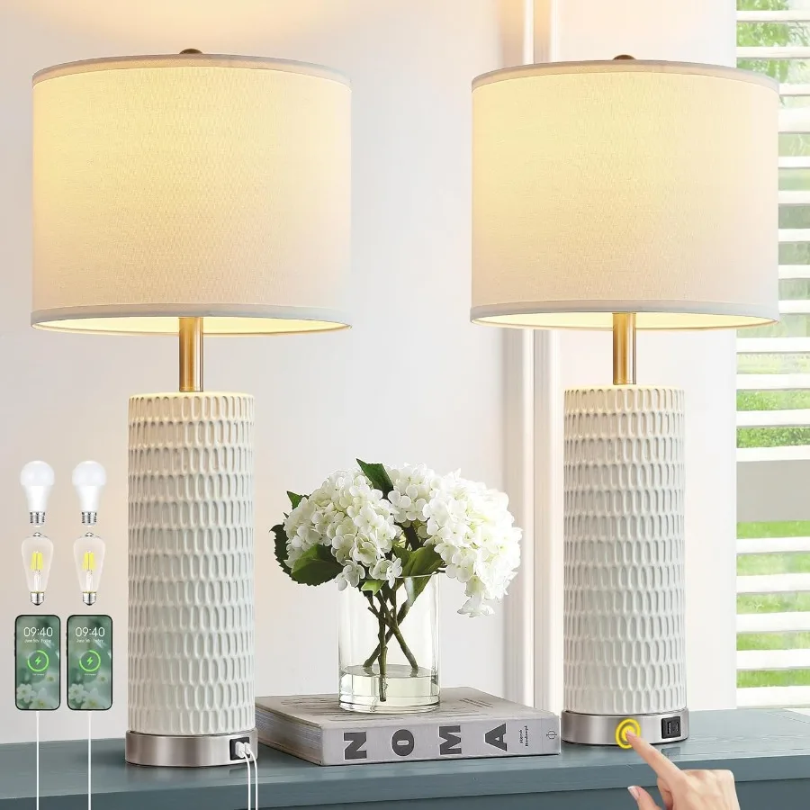 26.5" Ceramic Table Lamp Set of 2 3 Way Dimmable Touch Control Table Lamp with 2 USB Charging Ports for Bedroom Living Room Mod