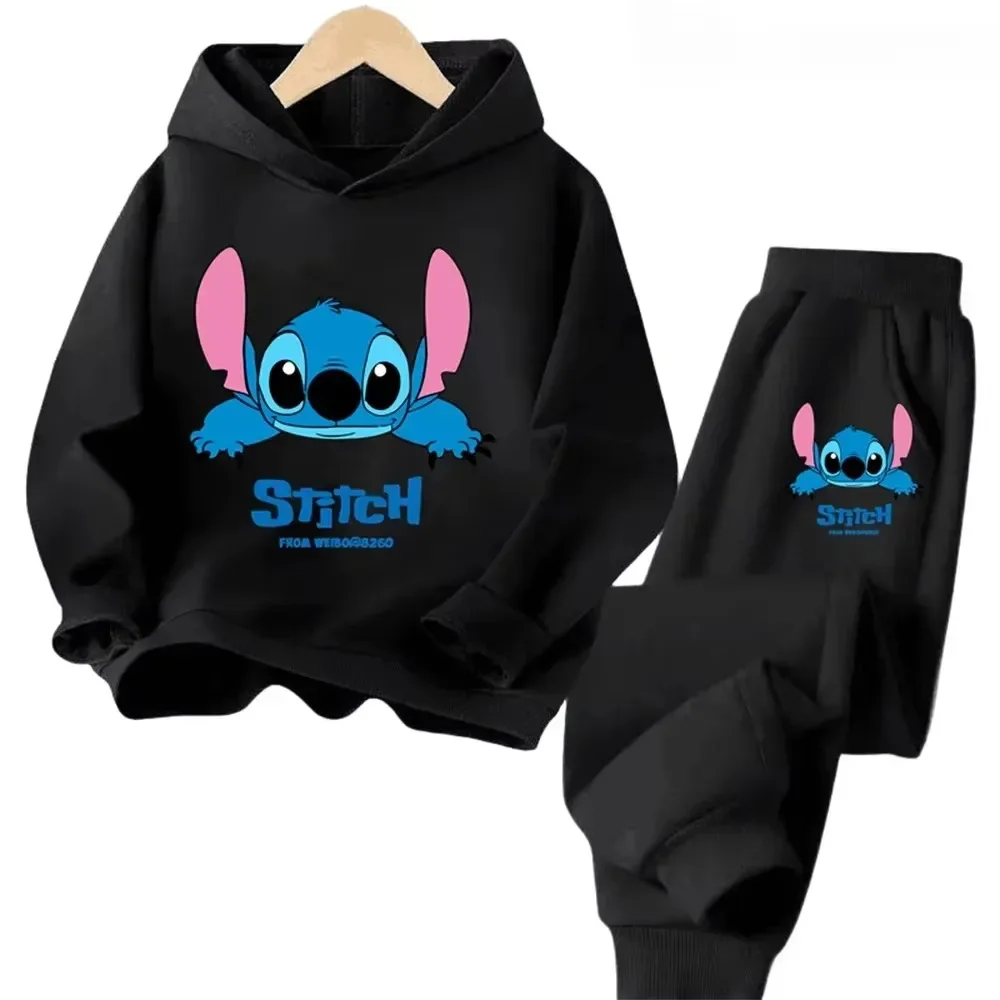 Spring Autumn Disney Stitch Cartoon Children Set Hoodie + Pants Suit 2pcs Set Fashion Kid Clothes Boys Girl Sweatshirt Sportsuit