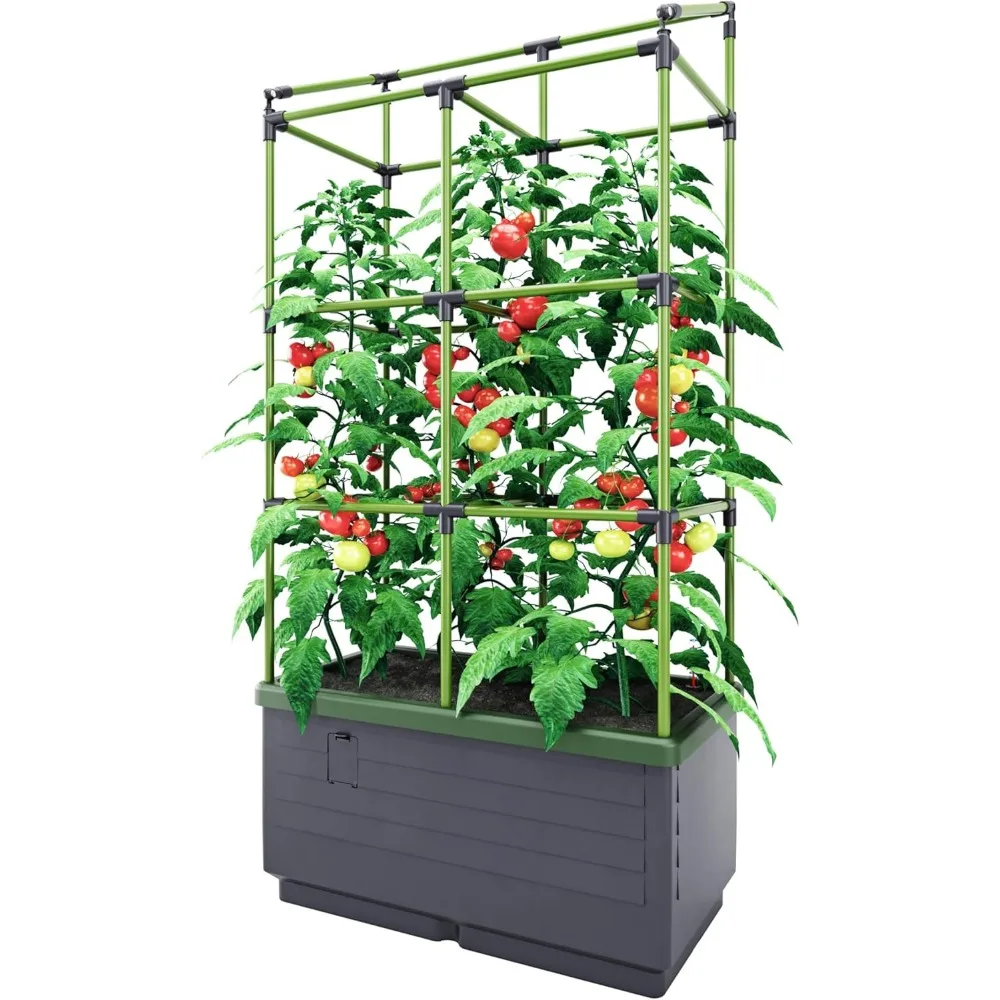 Raised Garden Bed with Trellis, 8.98 gal, 13"L x 24"W x 63.4"H, Integrated Irrigation System, Grey Self-Watering Planter Box