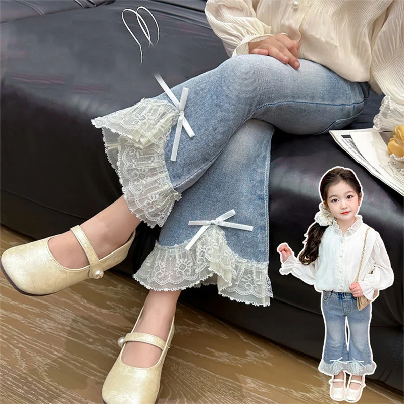 Girls Boot Cut Jeans Spring 2025 New Kids Fashion Sweet All-match Lace Bow Trousers Baby Toddler Autumn Casual Pants 2-10Y