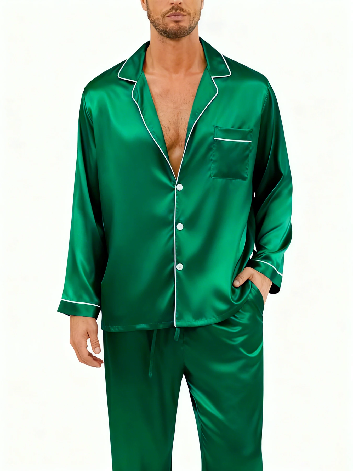 Men Pajamas Men's Luxury Faux y Pajama Set with Black and White Contrast Trim, Long Sleeve and Pants, Comfortable Loose-Fit Lou