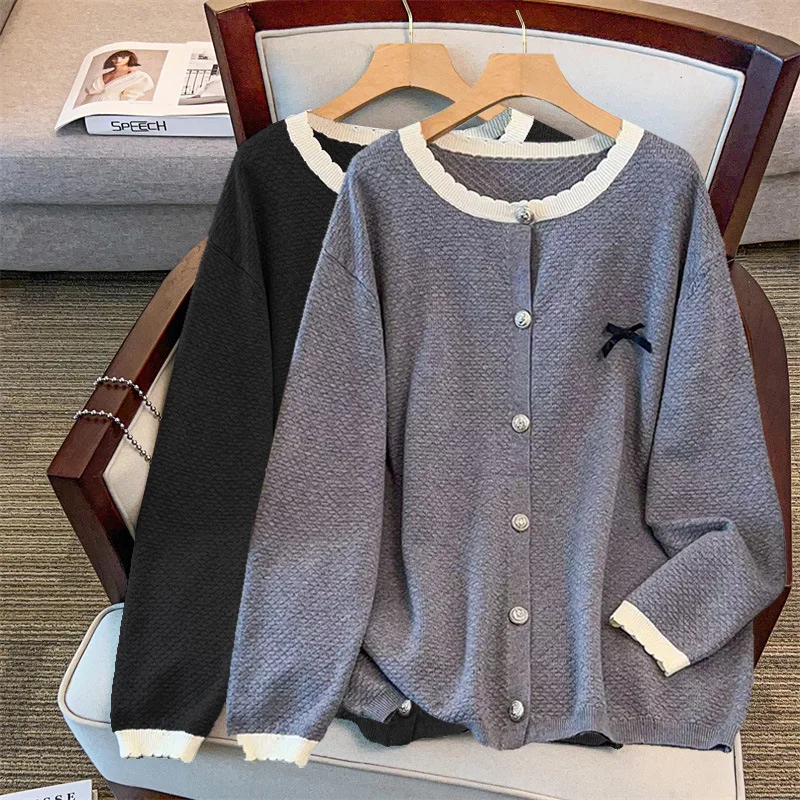 170Kg Plus Size Women's Bust 160 Autumn Winter Loose Long Sleeved Contrasting Cardigan Sweater Knitted 4XL 5XL 6XL 7XL 8XL 9XL