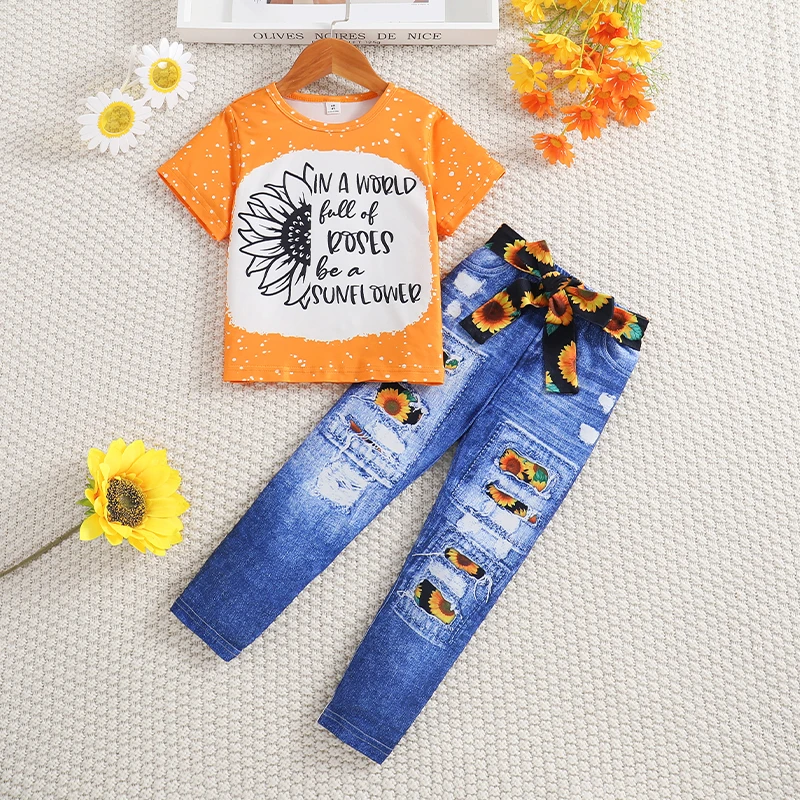 2pcs Girl Sunflower Printed Knitted round Neck Short Sleeved T-shirt Summer Thin Imitation Jeans Slim Fit Long Pants Set
