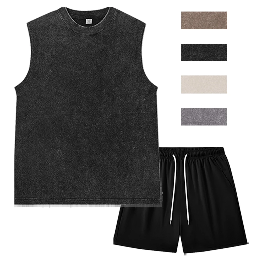Summer Unisex Vintage Solid Washed Vest and Shorts Suit Casual Streetwear Black Sleeveless Top and Gym Jogging Shorts Outfits