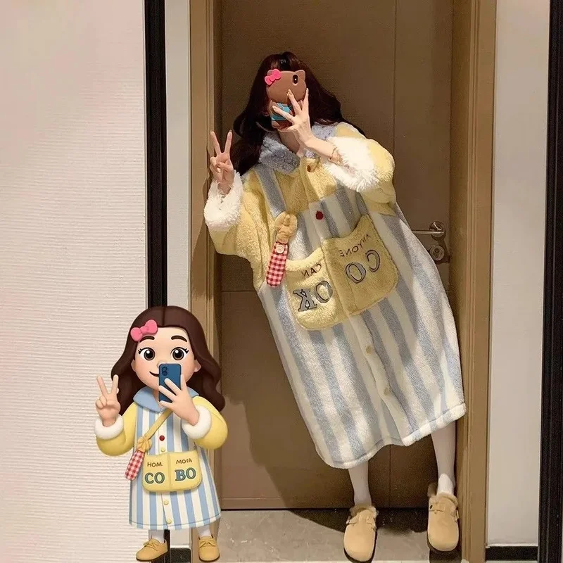 New Ratatouille Cute Striped Cartoon Coral Fleece Nightgown Women Autumn Winter Pajamas Thickened Hooded Home Clothing Bathrobe