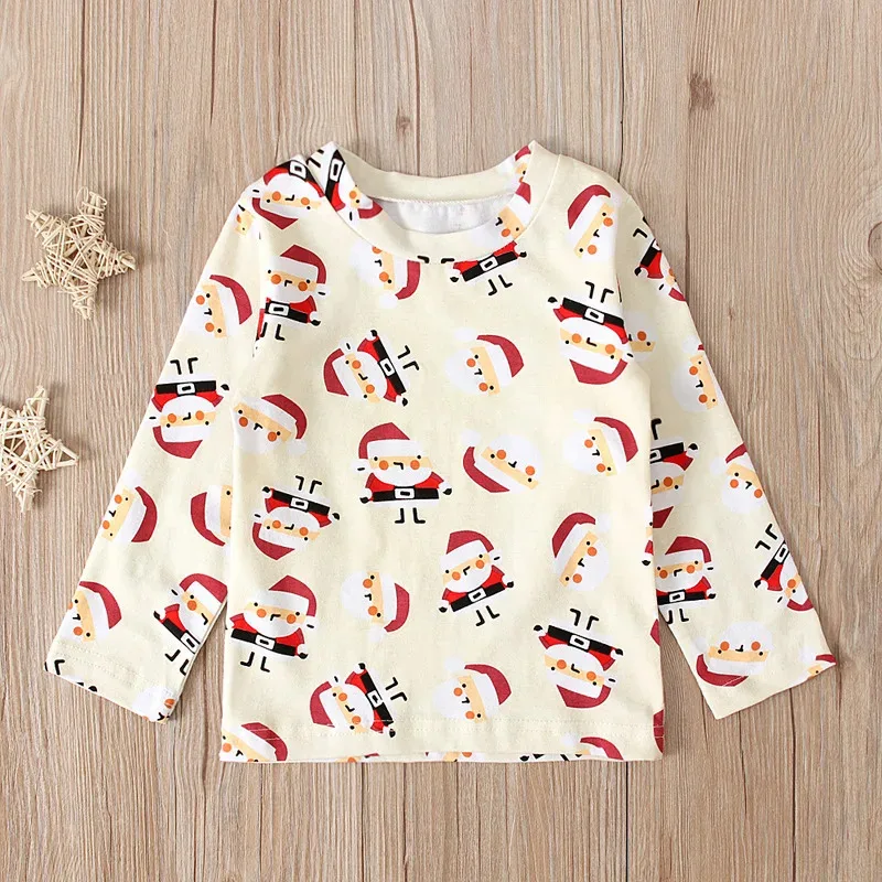 Santa Claus Cute Print T Crew Neck Long Sleeve Top Autumn Pajamas Cartoon T Shirt for Kids Boys Girls