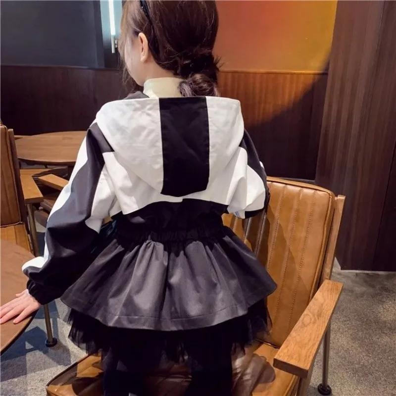 3-12Y Girls Jacket Spring and Autumn New Style Children's Splicing Mesh Princess Hoodie Coat Top