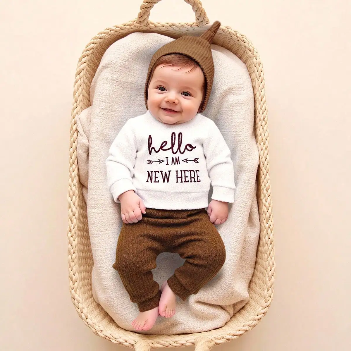 2PCS "Hello" Embroidery Newborn Photography Props Infant Romper Jumpsuit with Bow Hat Baby Coming Home Outfit Baby Photo Gift