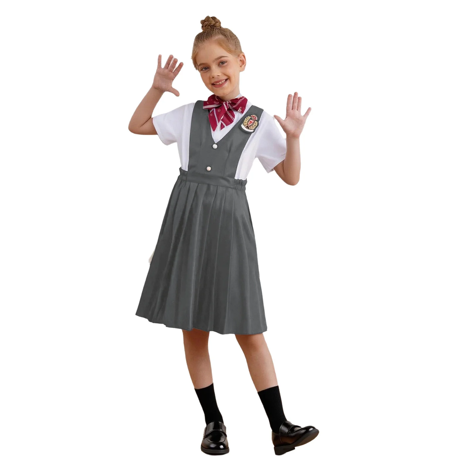Kids Girls School Uniform 5Pcs Short Sleeve Shirt+Pleated Overall Dress+Bowtie Socks+Badge Recitation Chorus Performance Costume