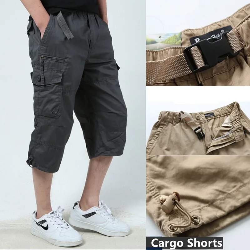 Men Cargo Shorts Loose Straight 100% Cotton Camouflage Summer Army Cropped Pants Male Plus Size 5XL 4XL Safari Half Trousers