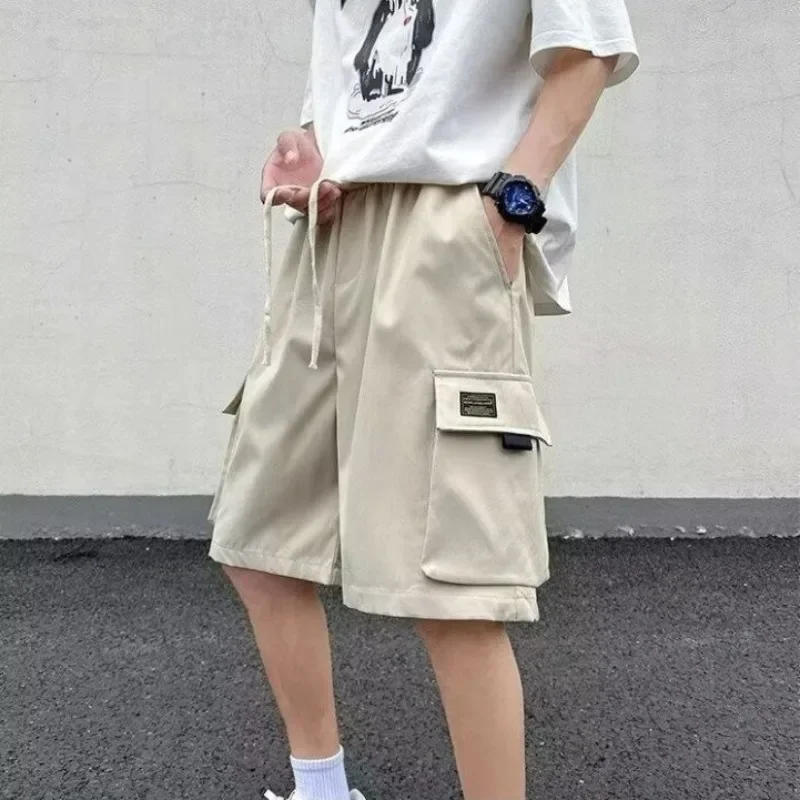 Long Baggy with Pockets Elastic Waist Loose Solid Draw String Short Pants for Men Bermuda Half Oversize Mens Cargo Shorts Wide