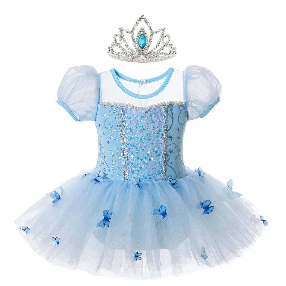 Cinderella Dancing Dress Girls Butterfly Applique Sequin Princess Ballet Clothes 2-8 Yrs Kid Training Uniform Blue Luxury Gown