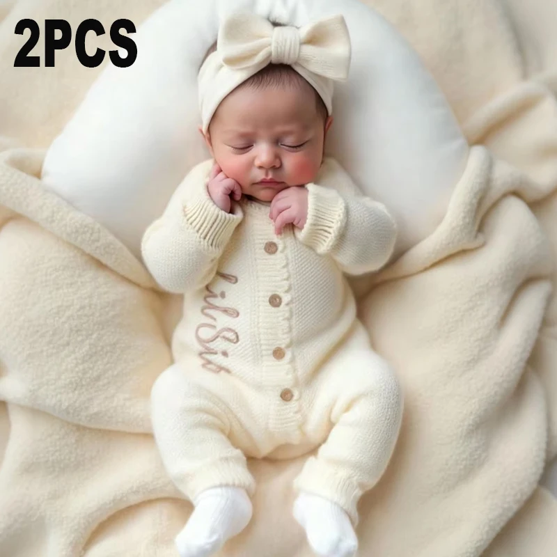 Ylsteed 2Pcs Knitted Newborn Photography Outfits with Bow Headband Embroidery Baby Girl Ruffle Romper Infant Knitting Sweater-HD