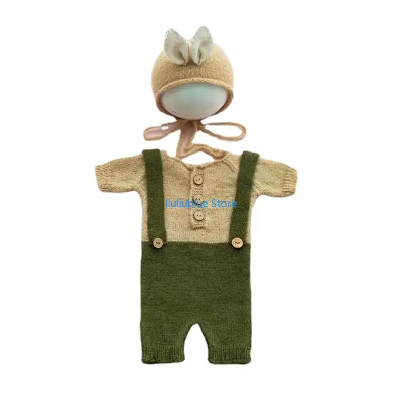 Newborn Photography Props Baby Romper Rabbit Hat for Doll Infants Photo Cap Jumpsuit Bodysuit Clothes 62CF