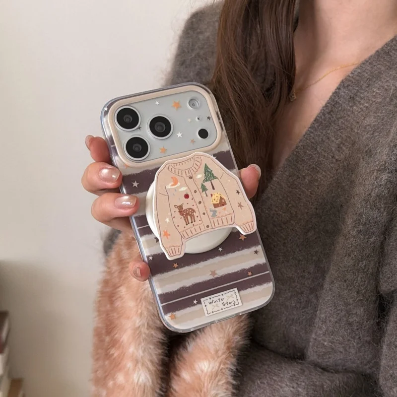 Korean Cute Star Stripes Magnetic Phone Case For iPhone 17 Pro 14 15 16 Pro Max Cover with Magsafe Stand Holder Kawaii Cases 17