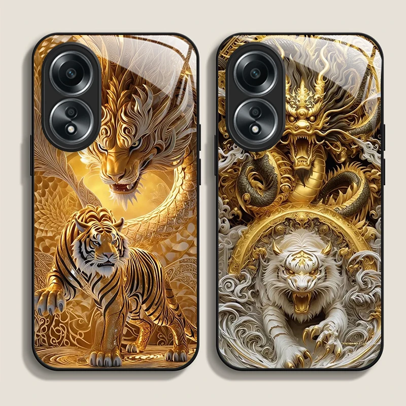 Shiny Golden Dragon and Tiger Pattern Tempered Glass Phone Case for OPPO Realme 14 13 Pro Plus 12 11 10 Neo 3 X7 PRO C65 Covers