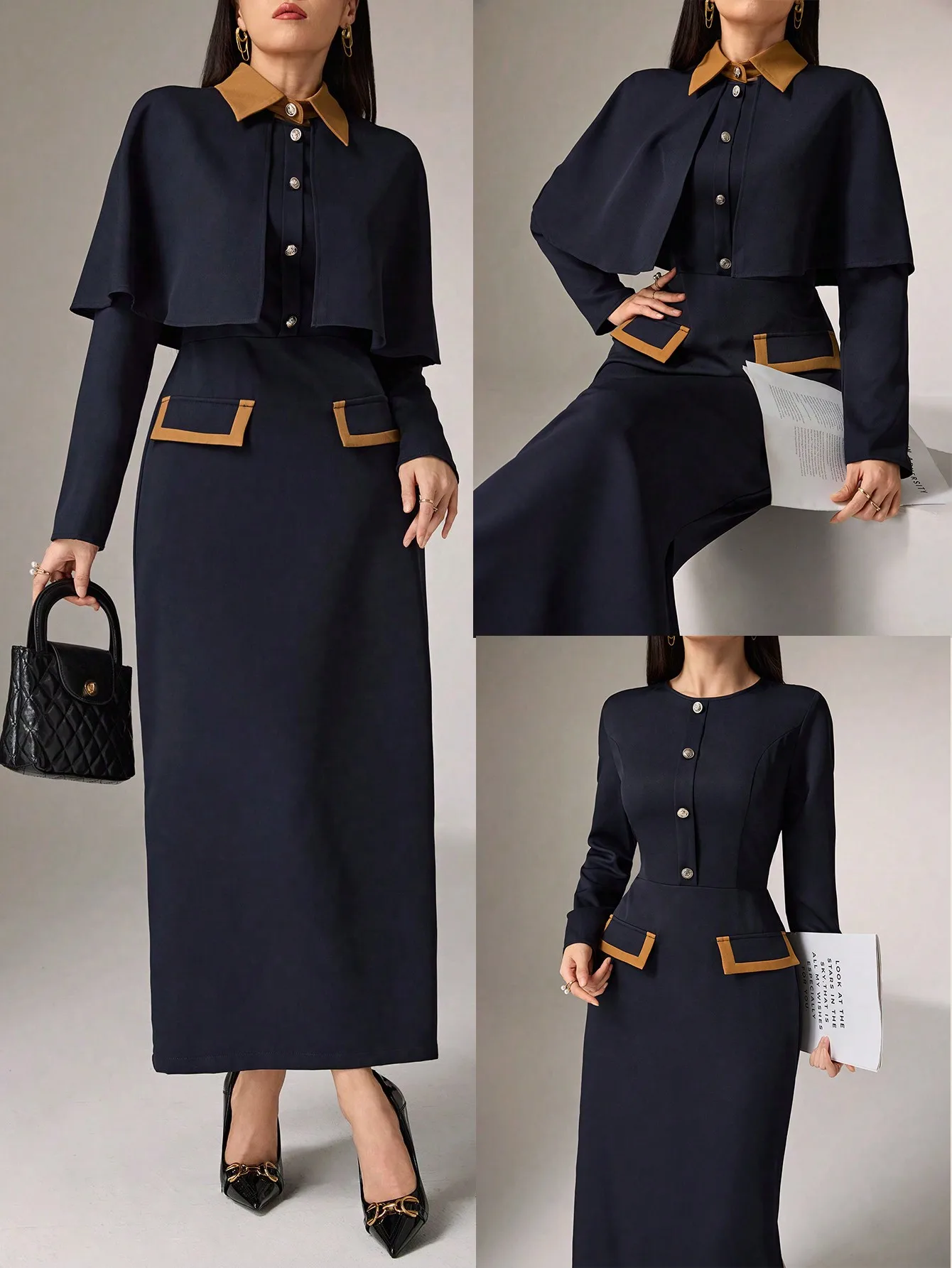 Women's Navy & Tan Color Block Cape Top and Midi Skirt 2-Piece Set