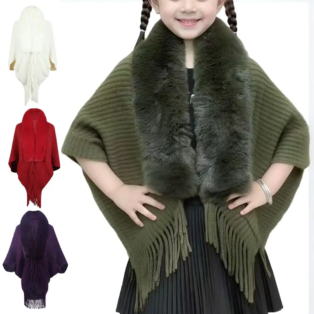 Faux Fur Collar ' Mongolian Poncho Ethnic Style Winter Warm Plush Knitting Wraps Striped Artificial Wool Cardigan Tassel Shawl