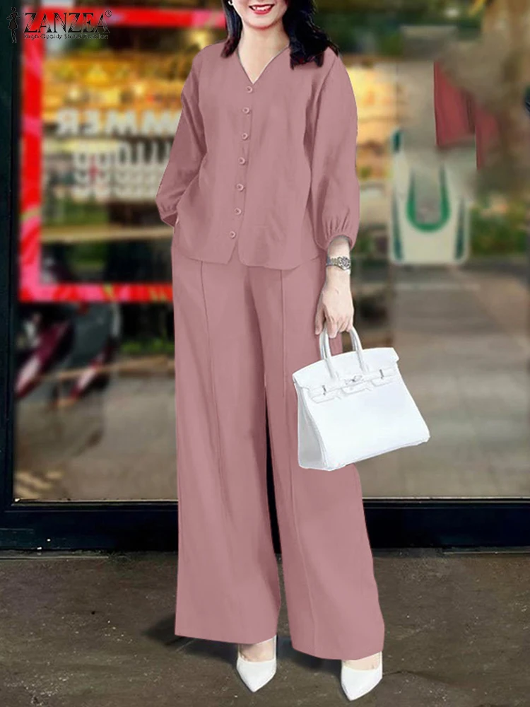 Spring Trousers Suits ZANZEA Women OL Work Tracksuits 2025 Casual Summer V Neck 3/4 Sleeve Blouse Pant Sets Fashion 2PCS Outfits