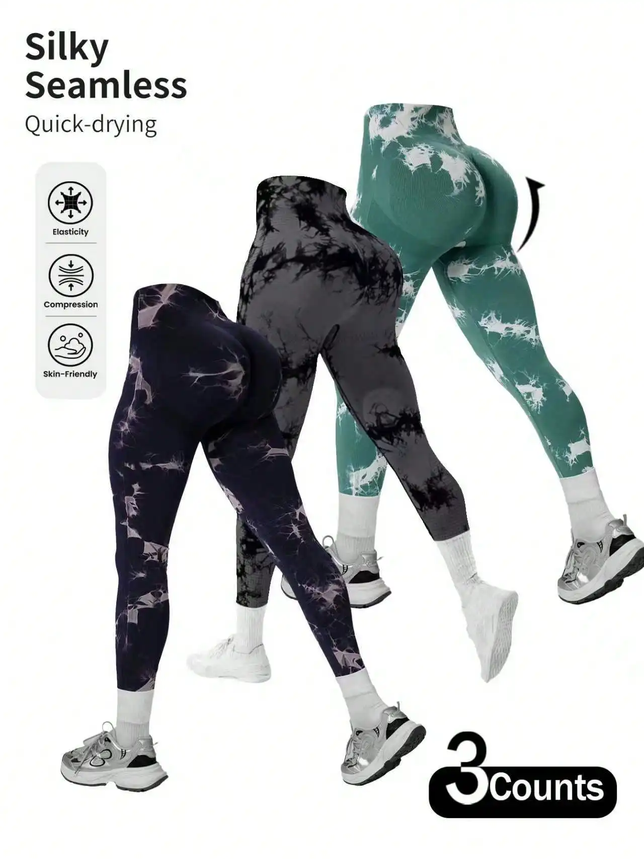 3pcs Women's High-waisted Seamless Tie-Dyed Sports Leggings,Lift the Buttocks and Slim the Legs Yoga Leggings