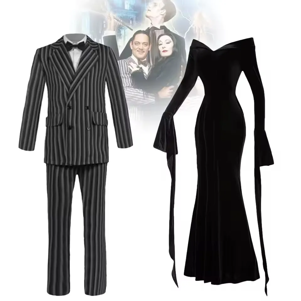 Film Gomez Addams Cosplay Morticia Costume Dress Halloween Carnival Outfit Adult Kid Coat Shirt Pant Tie Suit Party Uniform