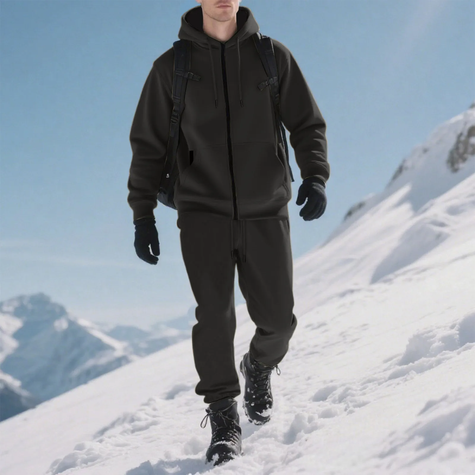 Spring/Autumn Men'S Outdoor Sports Suit Men'S Hoodie Solid-Color Hooded Sweatshirt Jacket With Fleece-Lined Pants Set For Men