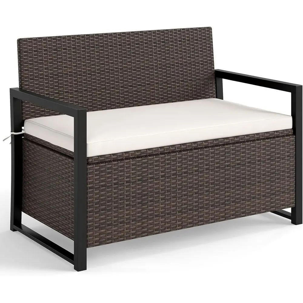 Wicker Outdoor Bench with Storage - Rattan Deck Box w/Protective Liner or Pillows, Pool Supplies, Garden Tools, Patio Loveseat w