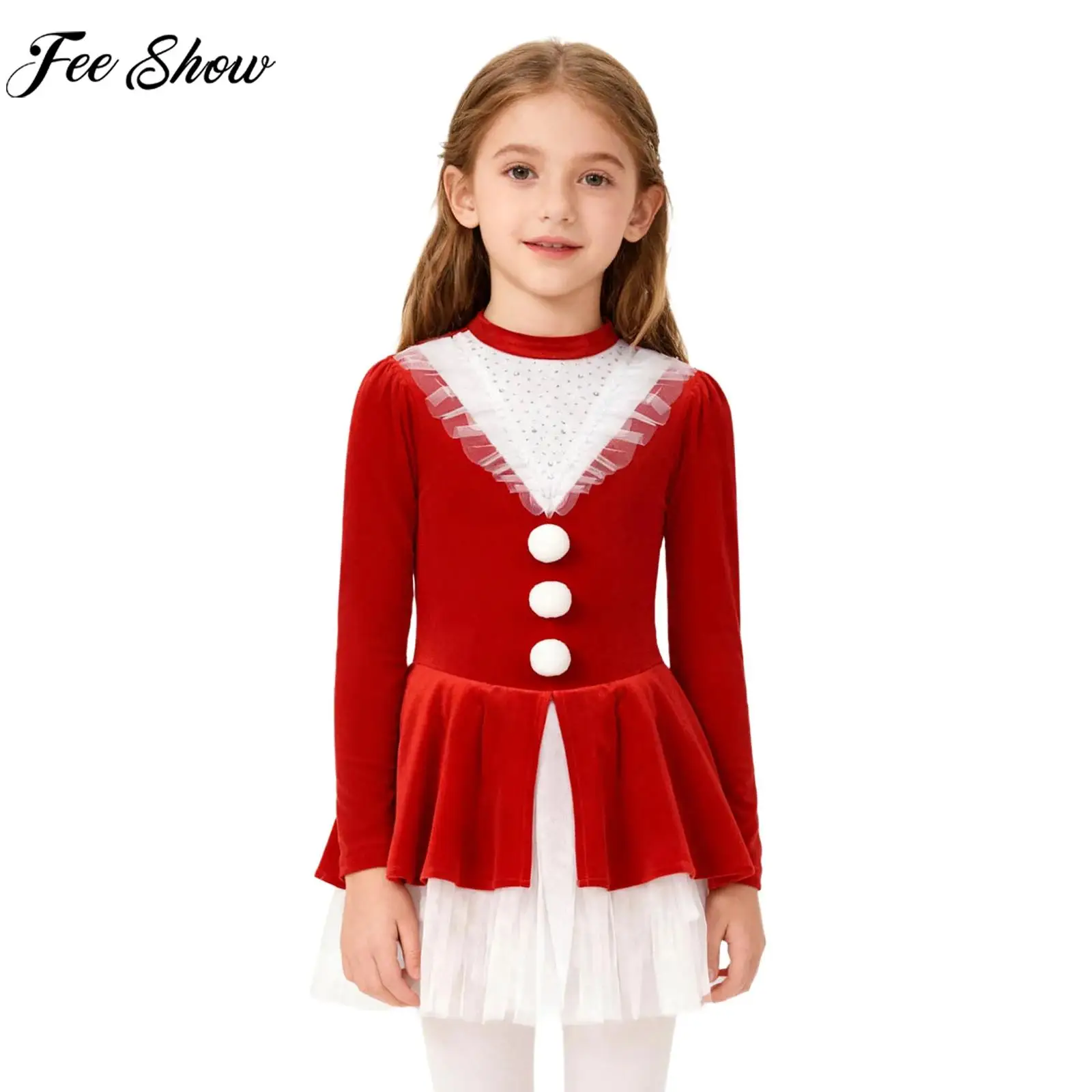 Girls Long Sleeve Rhinestones Velvet Mesh Tutu Christmas Figure Skating Dance Leotard Dress Santa Claus Costume for Xmas Party