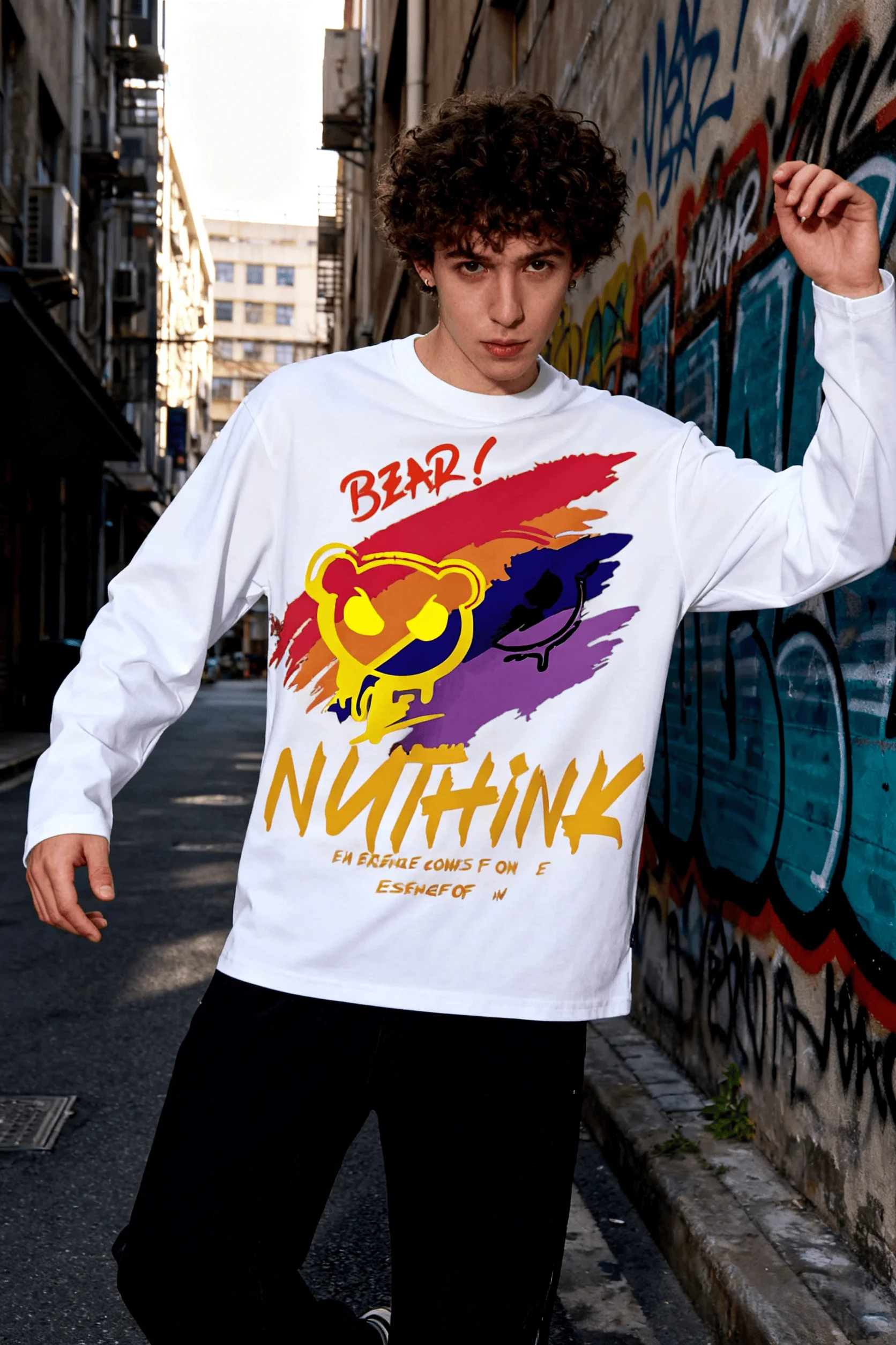 New unisex T-shirt, high street style gradient paint bear print long sleeve, casual short sleeve couple T-shirt