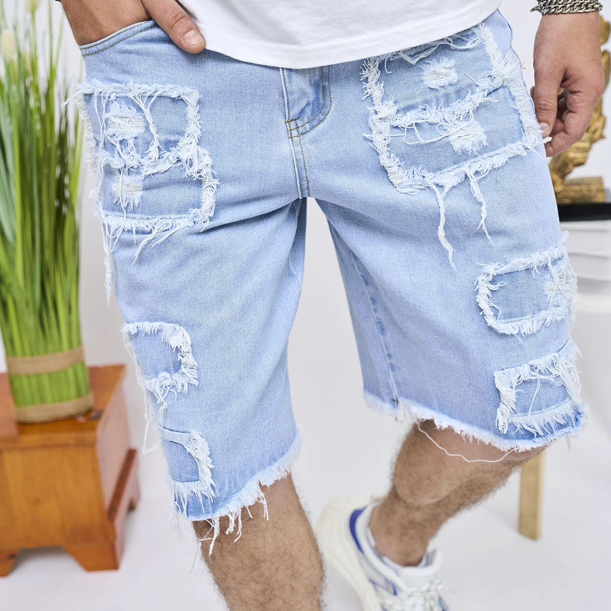 2024 Summer Men's High Street Ripped Patch Denim Shorts Stylish Solid Casual Male Straight Jeans Shorts