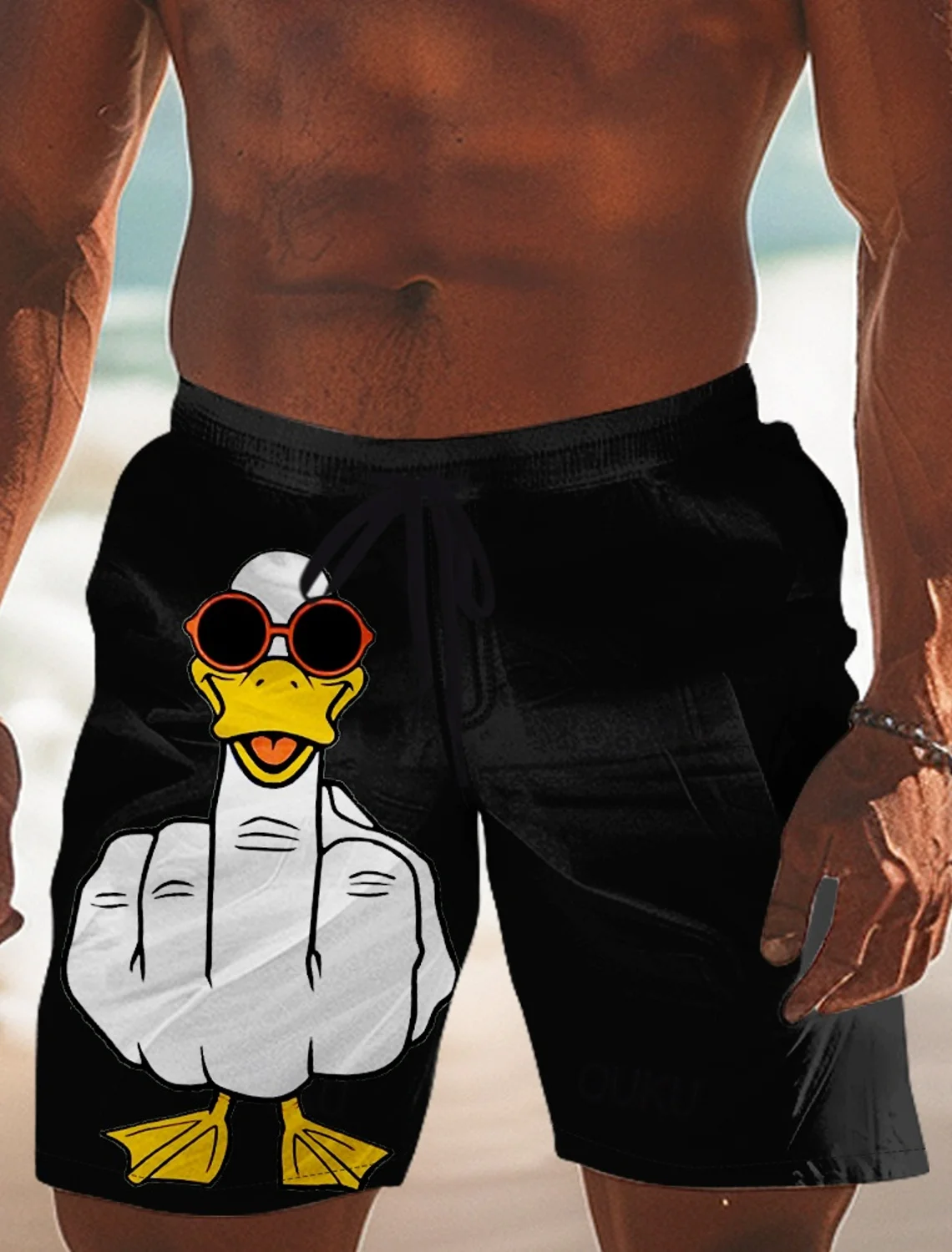 Men's Funny Duck Print Beach Shorts Summer Casual Loose Quick Dry Swim Trunks Holiday Boardshorts Trendy Streetwear Gym Shorts