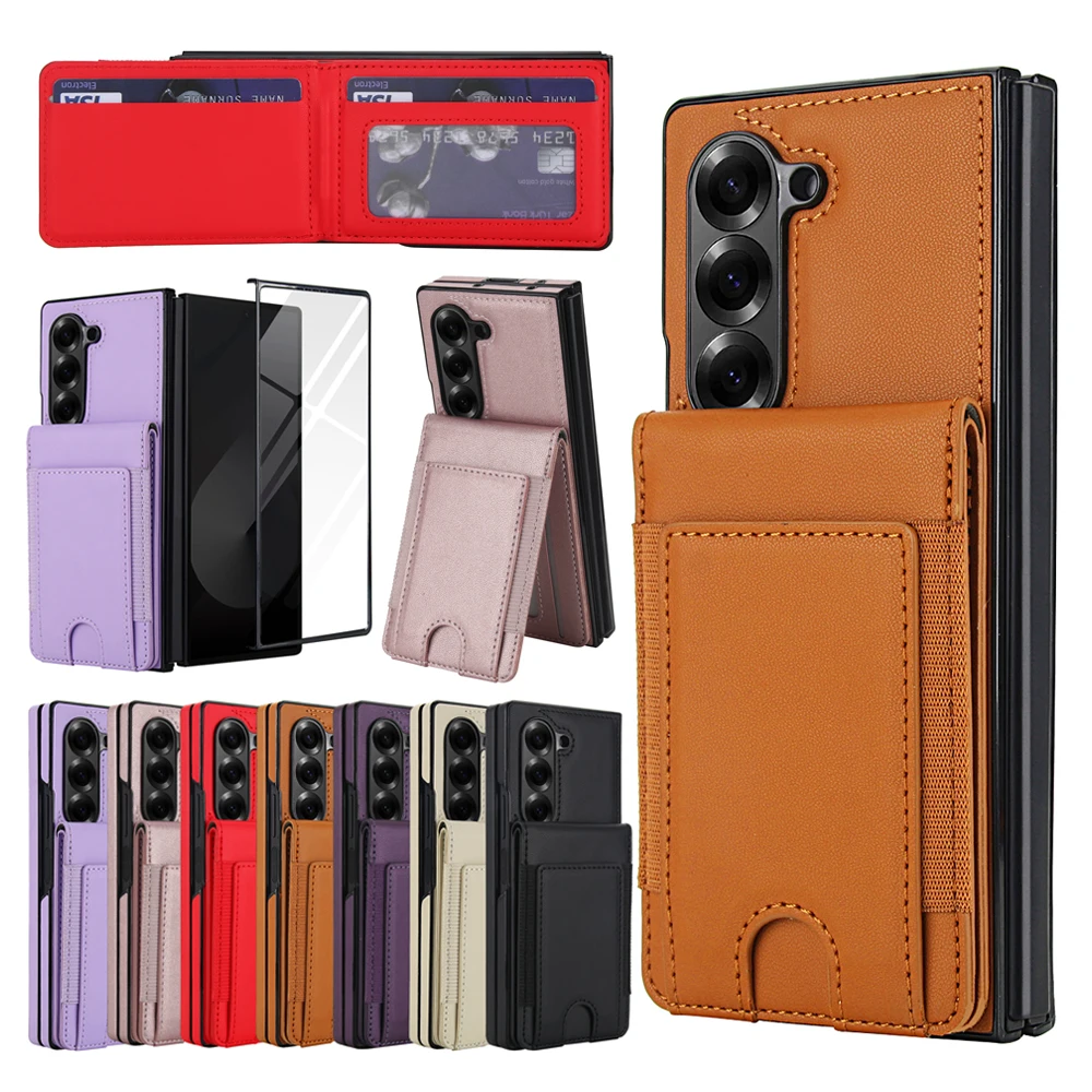 Retro Pure Color Leather Phone Case For Samsung Galaxy Z Fold7 6 5 4 3 With Screen Protector Film Wallet Cards Bag Bracket Cover