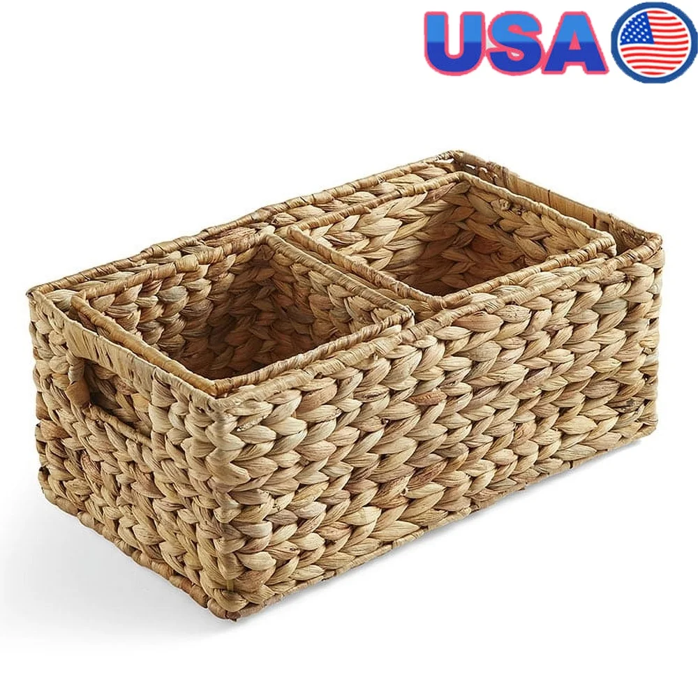 Natural Woven Water Hyacinth Storage Baskets Set of 3 Versatile Organizers Home Office Pantry Closet Bathroom Decor
