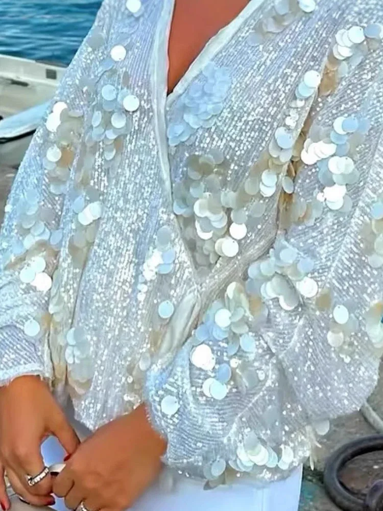 Shiny lace up V-neck solid color cardigan top with long sleeves for spring and summer new fashion casual top