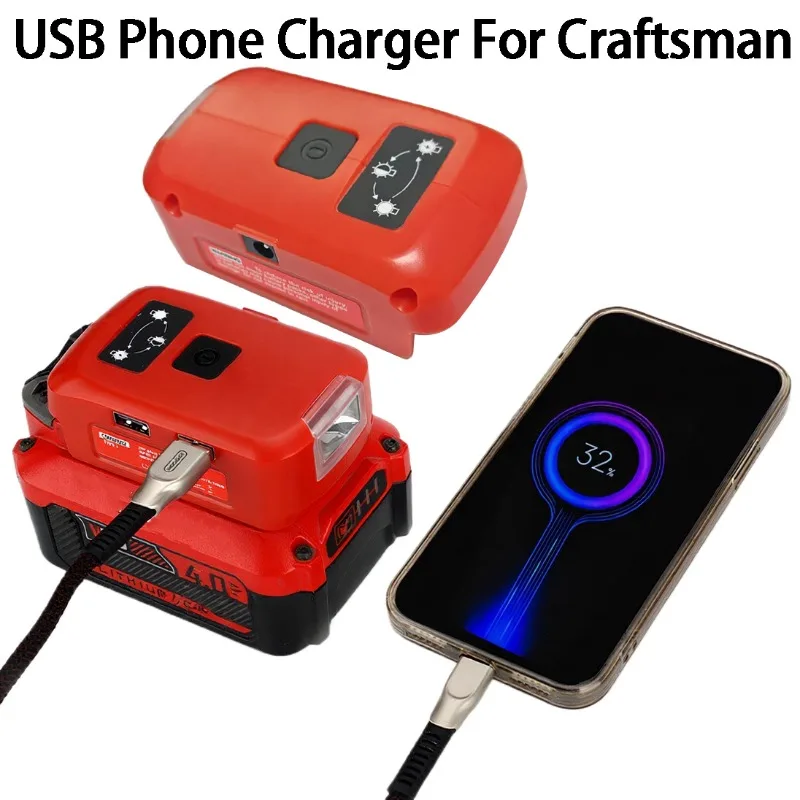 LED Worklight USB Phone Charger Adapter Compatible with For Black&Decker/Craftsman 20V Lithium-Ion Battery Dual Port Power Bank