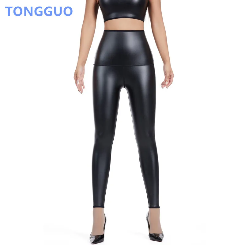 Cool girl New Body Shaper Faux Leather Leggings High Waist Pants Elastic Tights Waist Trainer Shaping Pants Leather Shapewear