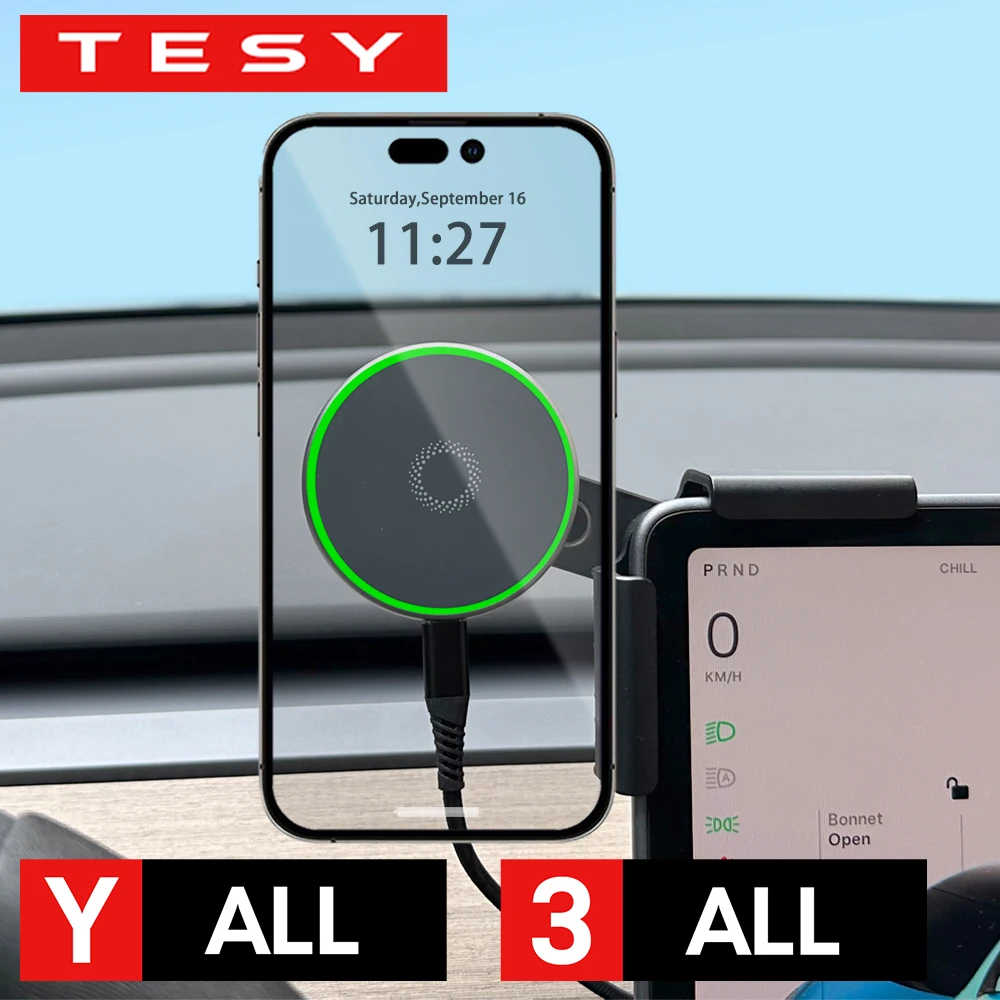 Car Phone Mount Holder 15W Magnetic Wireless Charger Compatible with MagSafe for Tesla Model Y Juniper 2026 25 Model 3 Highland