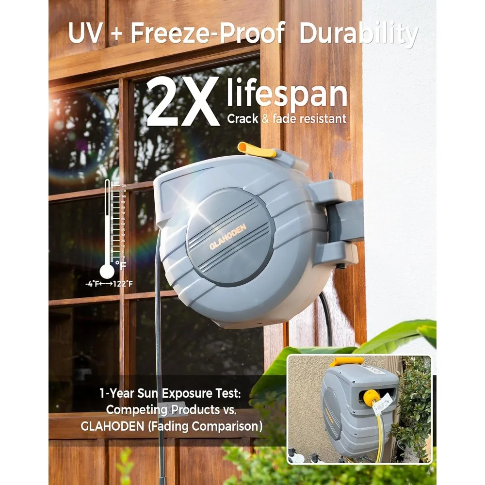 Retractable Garden Hose Reel 1/2 in x 130 ft, 2025 Upgraded Ratchet Lock UV & Freeze Protection Brass Seal Slow Retraction