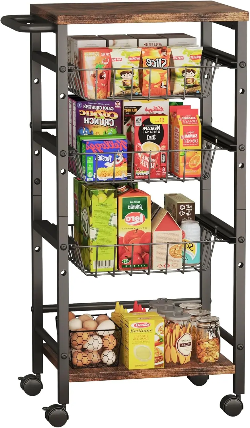 5-Tier Snack Organizer Cart with Adjustable Baskets, Shelves & Handle for Kitchen Storage