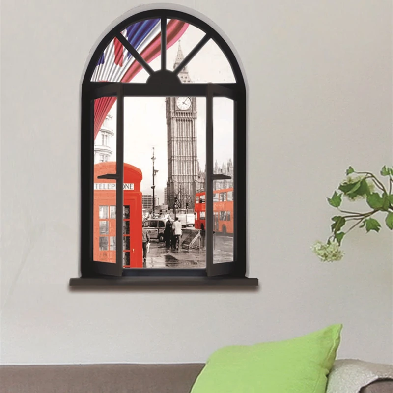 London City Street View Mural Clock Tower Telephone Booth Window Art Wall Stickers for Vintage Home Decoration Aesthetic Rooms