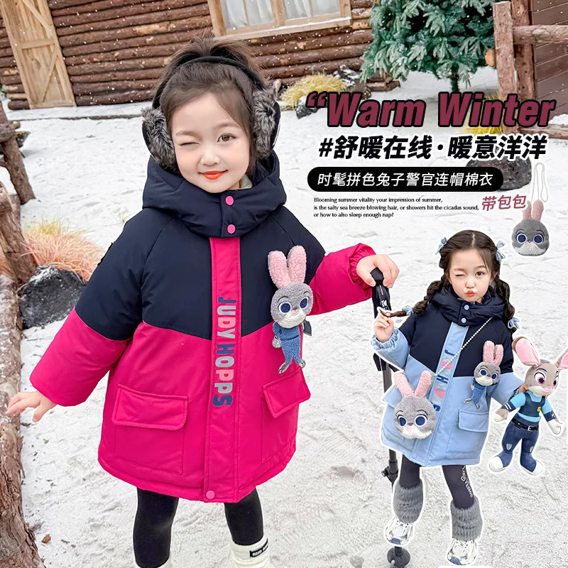 Disney Judy Hopps Girls Down Jacket Cotton Clothes Cartoon Bunny Cop Children Winter Thicken Warm Fashion Cotton Padded Jacket